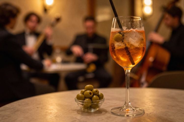 Aperitivo con banda che suona musica jazz sullo sfondo